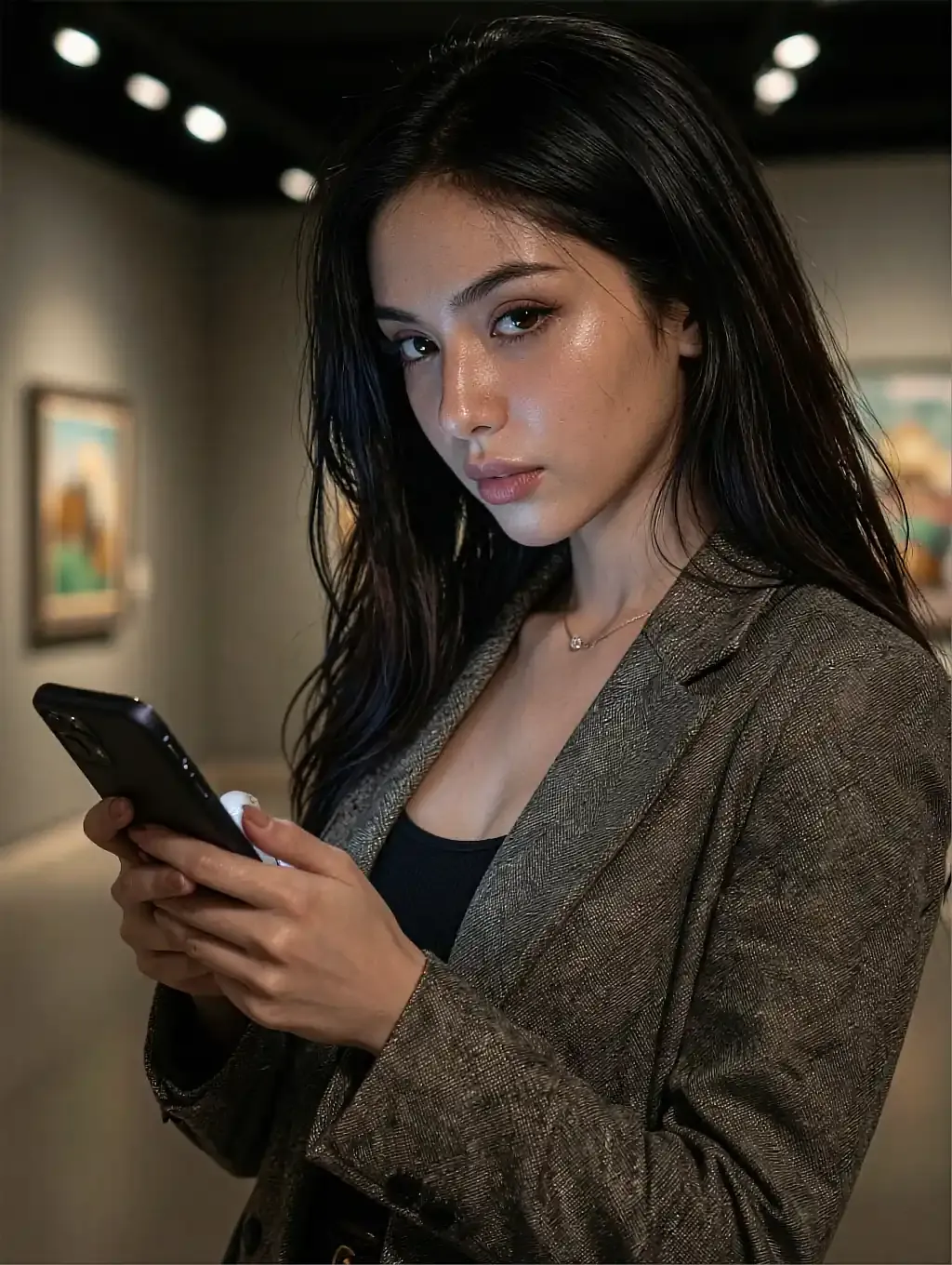 Fictional AI character photographed against a dark window at night